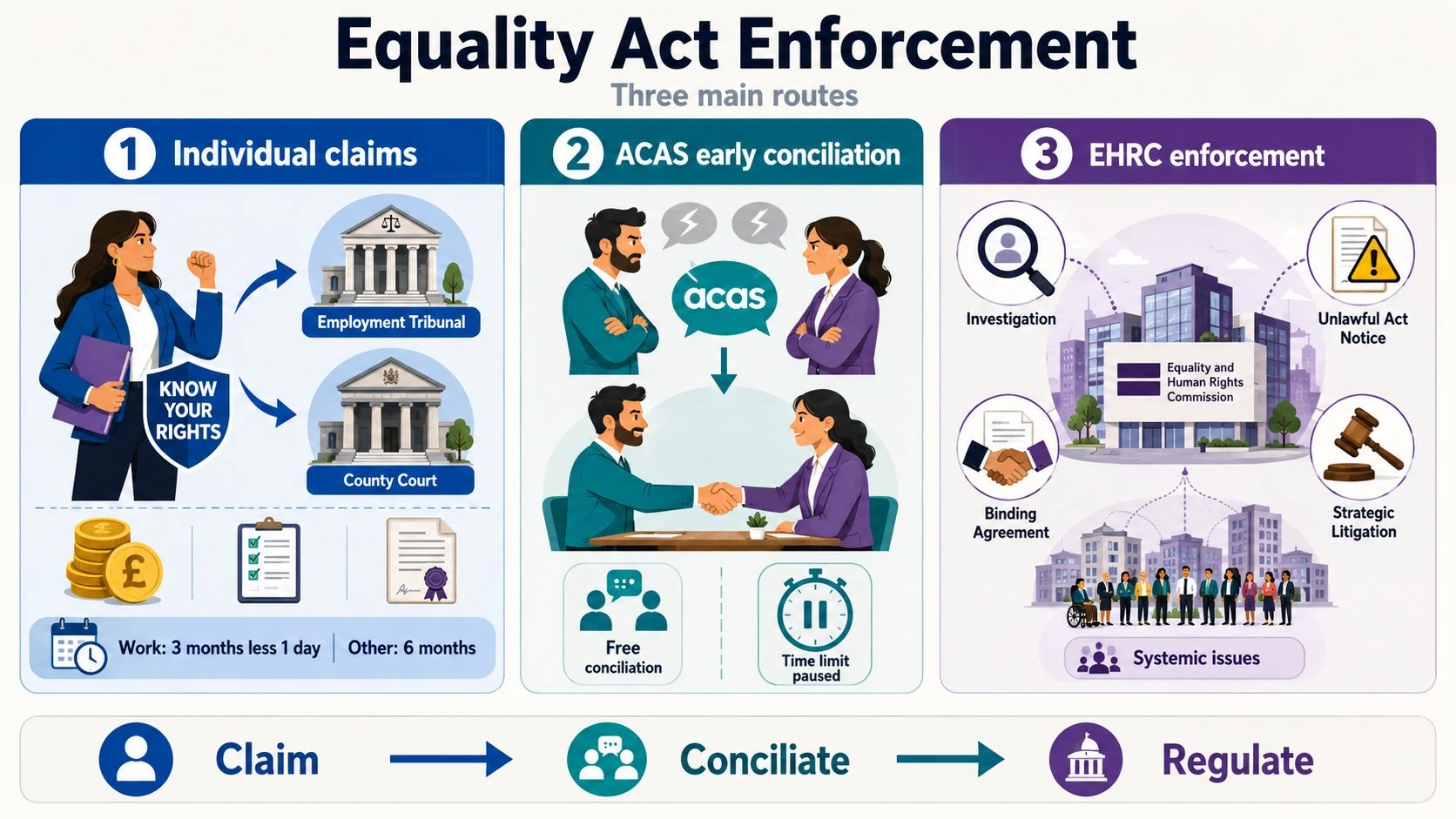 The three main routes to enforcement of the Equality Act 2010