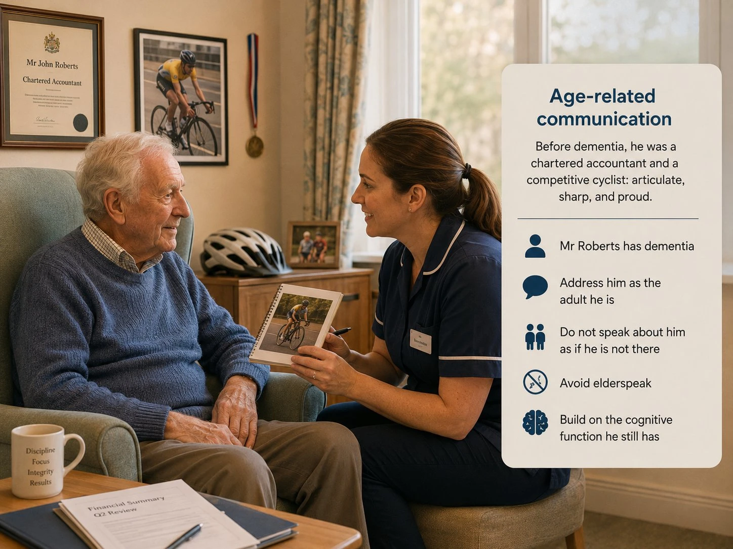 A care worker communicating respectfully with an older person living with dementia