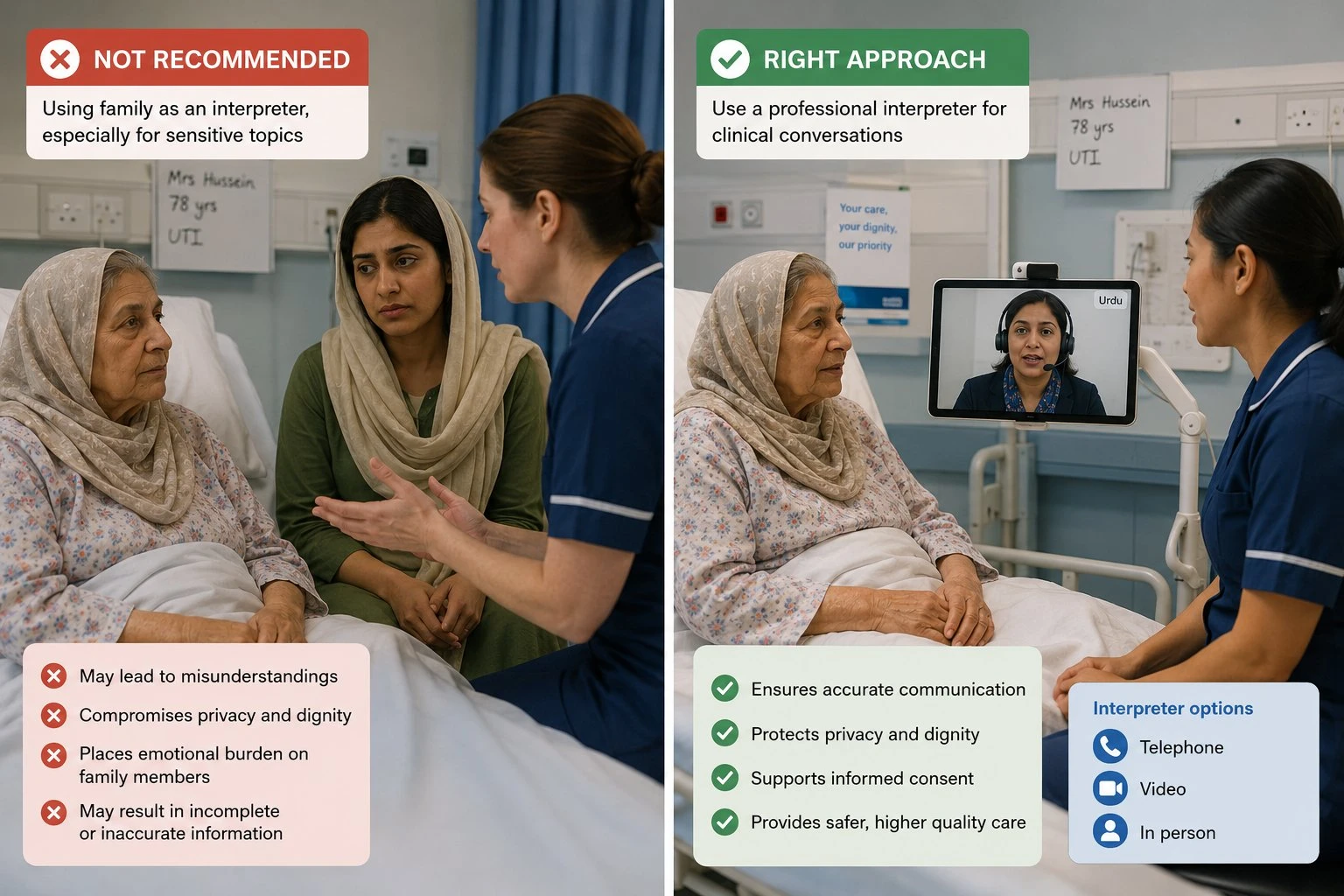 A professional interpreter supporting a clinical conversation between a care worker and a patient