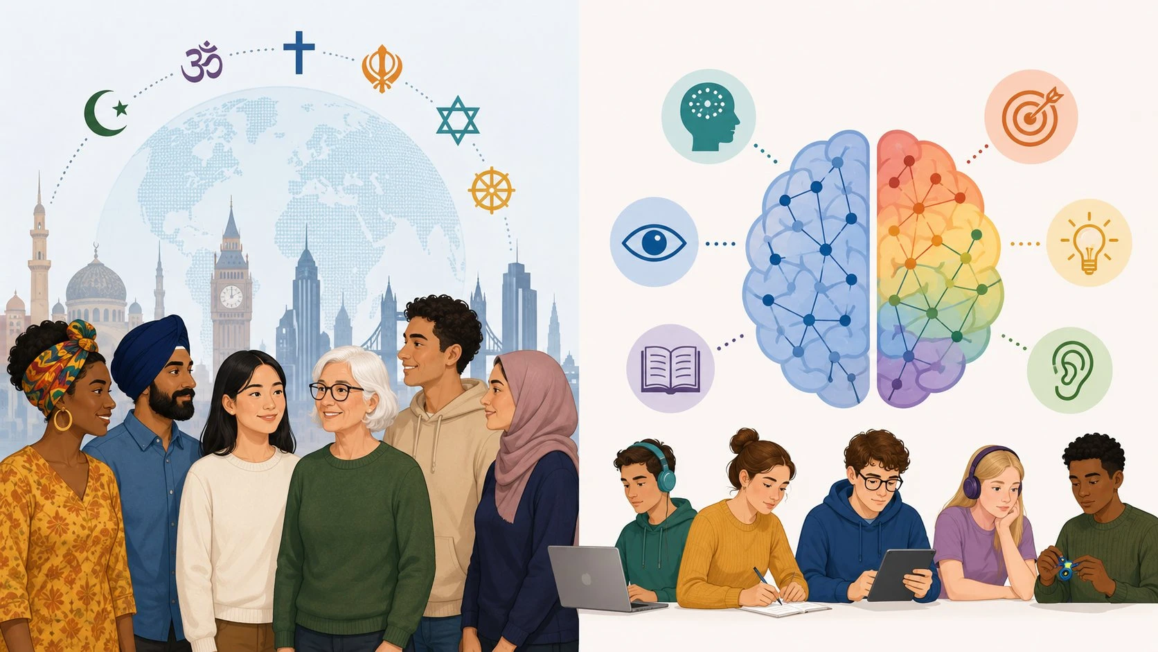 Illustration representing religious diversity and neurodiversity in the UK workplace.